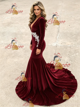 Burgundy Velvet Long Sleeve Prom Dress