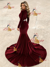 Burgundy Velvet Long Sleeve Prom Dress
