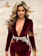 Burgundy Velvet Long Sleeve Prom Dress