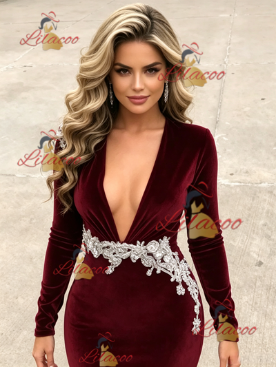 Burgundy Velvet Long Sleeve Prom Dress