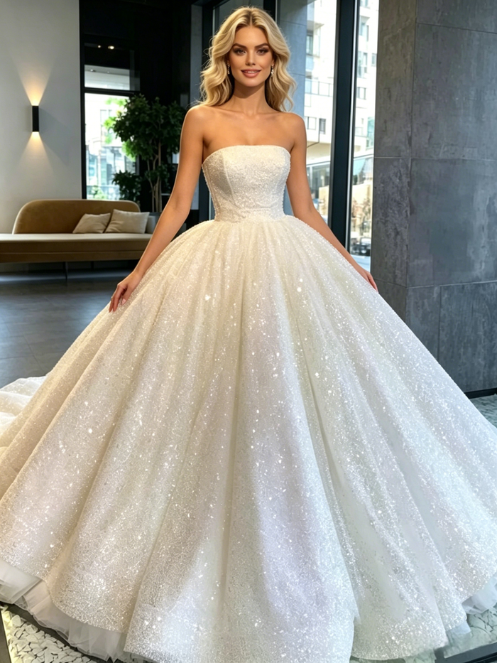 White Sequins Strapless Wedding Dress