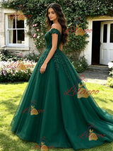 Green Tulle Off the Shoulder Appliques Quinceanera Dress