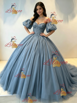 White Tulle Puff Sleeve Beading Quinceanera Dress