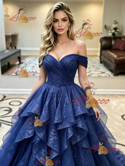 Blue Tulle Sequins Off the Shoulder Prom Dress
