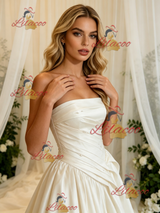 Ivory Satin Strapless Pleats Wedding Dress