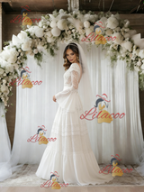 White Chiffon Long Sleeve V-neck Wedding Dress