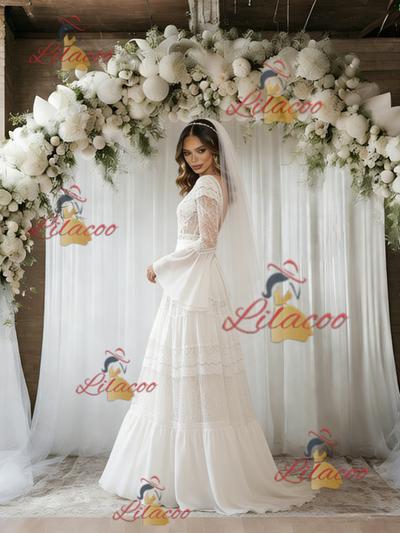 White Chiffon Long Sleeve V-neck Wedding Dress