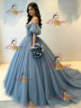 White Tulle Puff Sleeve Beading Quinceanera Dress