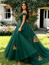 Green Tulle Off the Shoulder Appliques Quinceanera Dress