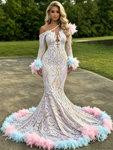 Mermaid Long Sleeve Feather Prom Dress