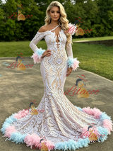 Mermaid Long Sleeve Feather Prom Dress
