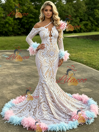 Mermaid Long Sleeve Feather Prom Dress