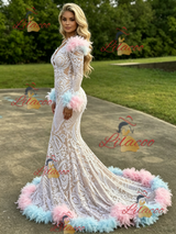 Mermaid Long Sleeve Feather Prom Dress