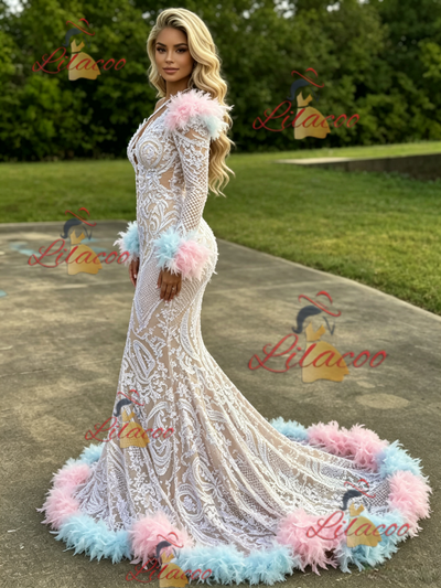 Mermaid Long Sleeve Feather Prom Dress