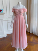 Pink Chiffon Off the Shoulder Pleats Prom Dress