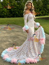 Mermaid Long Sleeve Feather Prom Dress