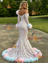Mermaid Long Sleeve Feather Prom Dress