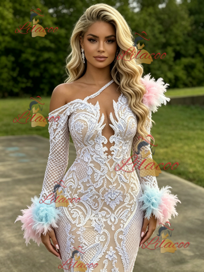 Mermaid Long Sleeve Feather Prom Dress