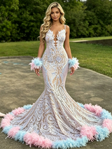 White Mermaid Spaghetti Straps Prom Dress
