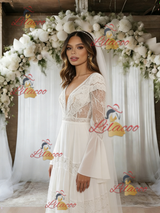 White Chiffon Long Sleeve V-neck Wedding Dress