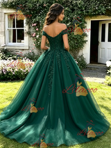 Green Tulle Off the Shoulder Appliques Quinceanera Dress