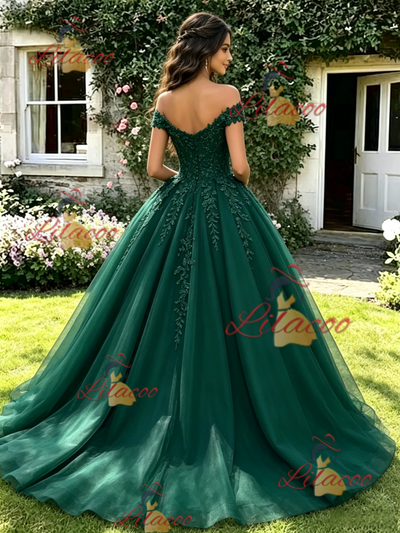 Green Tulle Off the Shoulder Appliques Quinceanera Dress