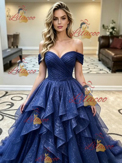 Blue Tulle Sequins Off the Shoulder Prom Dress