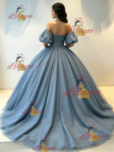 White Tulle Puff Sleeve Beading Quinceanera Dress
