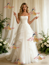 White Tulle Strapless Pleats Wedding Dress