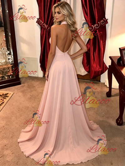 Pink Halter Backless Prom Dress
