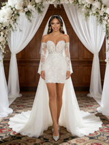 White Lace Tulle Long Sleeve Wedding Dress