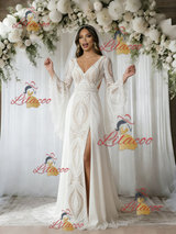 White Lace V-neck Long Sleeve Wedding Dress