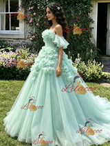 Grene Tulle Off the Shoulder 3D Flower Quinceanera Dress
