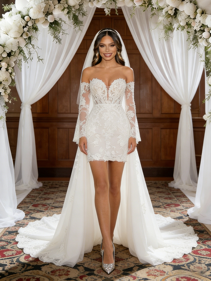 White Lace Tulle Long Sleeve Wedding Dress