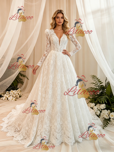 White Lace Long Sleeve V-neck Wedding Dress
