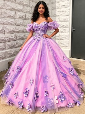 Purple Tulle Off the Shoulder 3D Flower Quinceanera Dress