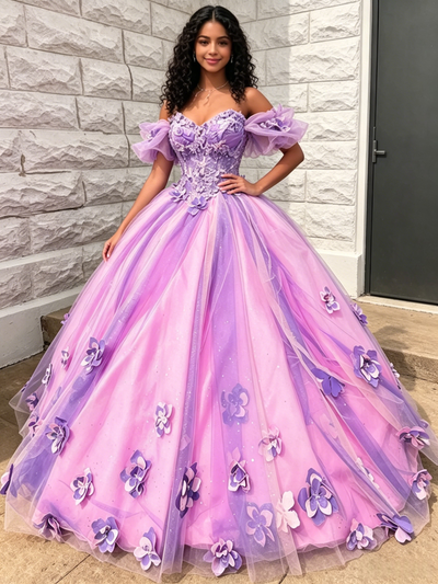Purple Tulle Off the Shoulder 3D Flower Quinceanera Dress