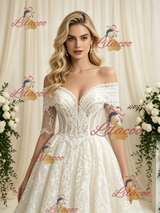 Vintage Lace Short Sleeve Beading Wedding Dress