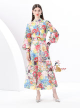 Retro Stand-up Collar Breasted Print Long Dress
