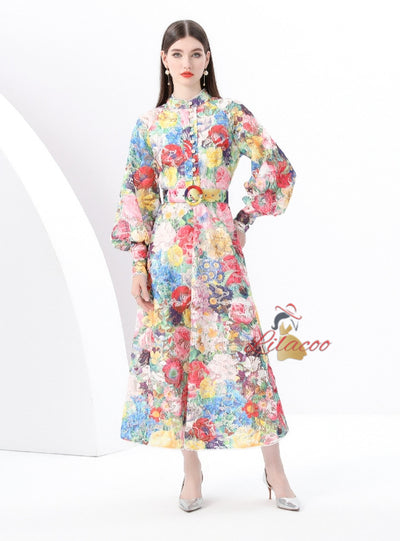 Retro Stand-up Collar Breasted Print Long Dress