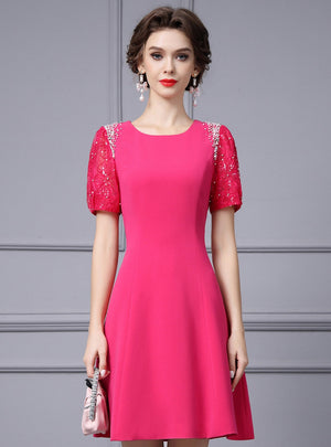 Fuchsia Lace Short Sleeve Mother Of the Brides Dress