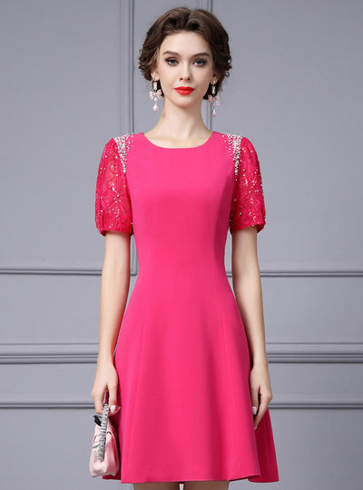 Fuchsia Lace Short Sleeve Mother Of the Brides Dress