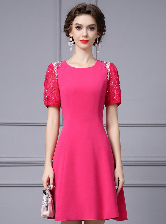 Fuchsia Lace Short Sleeve Mother Of the Brides Dress
