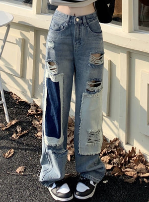 Retro Ripped and Contrasting Casual Jeans