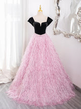 Pink Tassel Black Velvet Beading Prom Dress
