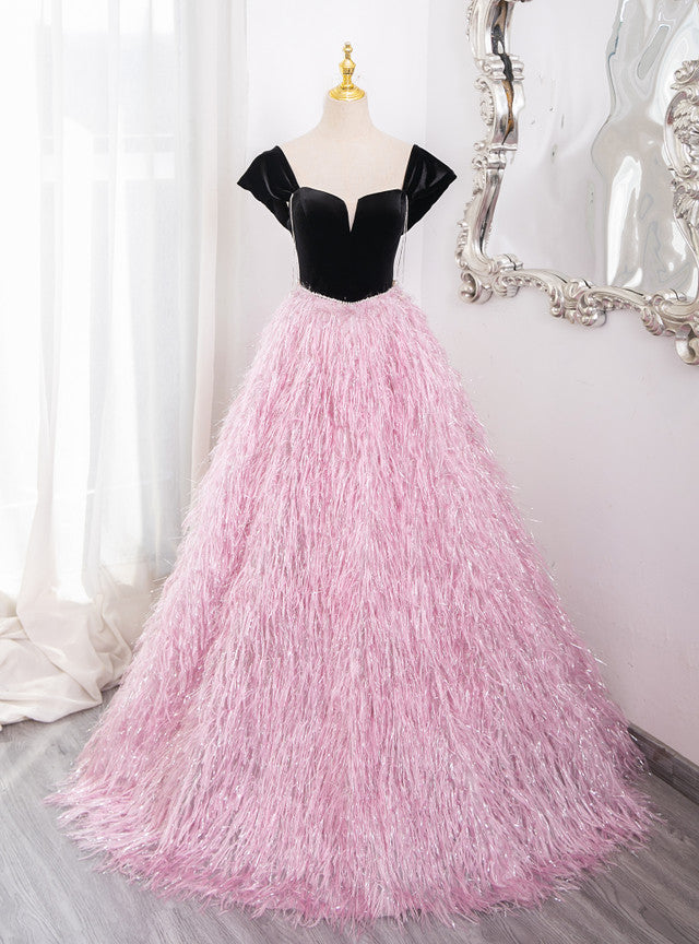 Pink Tassel Black Velvet Beading Prom Dress