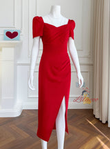 Red Sheath Short Sleeve Pleats Prom Dress