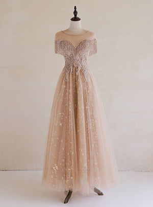 Champagne Tulle Beading Prom Dress