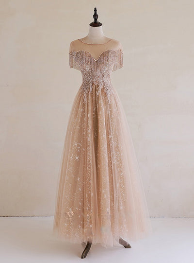 Champagne Tulle Beading Prom Dress