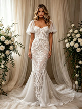 White Mermaid Lace Puff Sleeve Wedding Dress